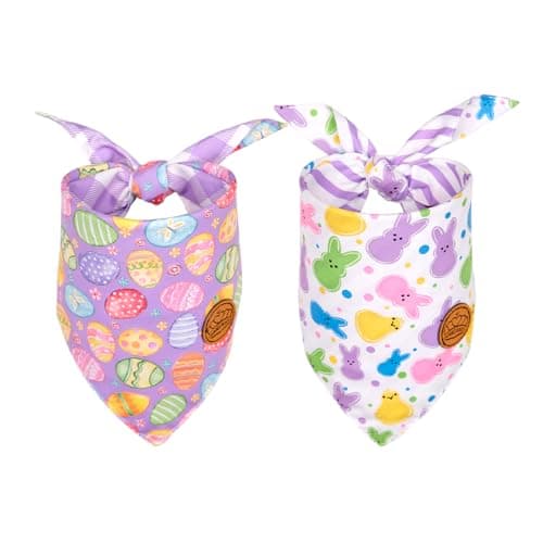 CROWNED BEAUTY Easter Dog Bandanas Reversible Small 2 Pack, Easter Joy Set, Purple Plaid Stripes Adjustable Triangle Holiday Scarves for Dogs Cats Boy Girl Pets DB161-S - Image 1