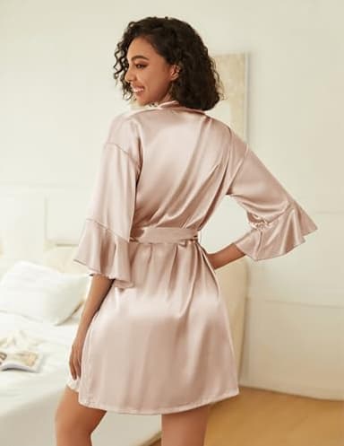 Ekouaer Women's Silk Robe Set V-neck 2 Piece Bridal Party Robes and Satin Bathrobe Set with Pockets (Champagne, Medium) - Image 5