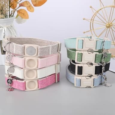 DOGWONG Airtag Cotton Hemp Dog Collar, Heavy-Duty Dog Collar with Airtag Holder Pink Natural Fabric Pet Cute Puppy Necklace for Small Medium Large Dogs - Image 5