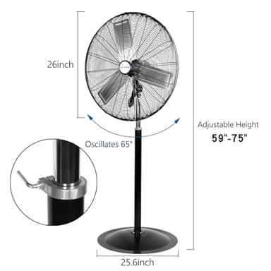 BILT HARD 6450 CFM 24" High Velocity Pedestal Oscillating Fan, 3-Speed Heavy Duty Industrial Standing Fan with Metal Aluminum Blades and Adjustable Height for Commercial, Shop, and Garage - Image 6