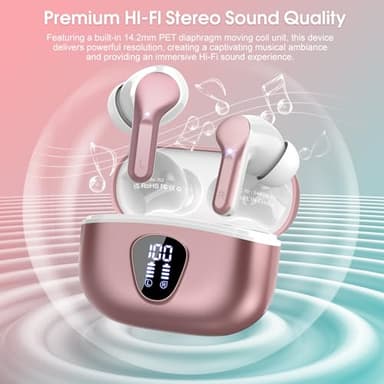 Wireless Earbuds, Bluetooth 5.4 Headphones HiFi Stereo, Bluetooth Earbuds with ENC Noise Cancelling Mic, IP7 Waterproof in Ear Earphones, 48H, LED Display Ear buds for Pad Workout Sports, Rose Gold - Image 6