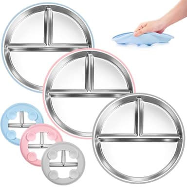 Bella's Friends Stainless Steel Kids Plates Suction Plate for Baby,Toddler Plates Non-Toxic Divided,Food-Grade Silicone Baby Plates,Dishwasher Safe,3 Packs,Grey Mint Green Pink - Image 1