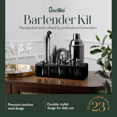 Barillio Black Bartender Kit - Stainless-Steel Cocktail Shaker Set w/Black Bamboo Stand - Mixology Bar Tools w/Drink Shaker, Mixer and Muddler for Cocktails - Home Bar Accessories - 23-Pc Bar Set - Image 2