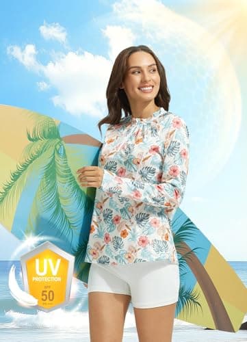 baleaf Swim Shirts for Women Long Sleeve Rash Guard Quarter Zip Sun Shirts UV Protection Bathing Suit Top with Zipper Pockets White Floral S - Image 5
