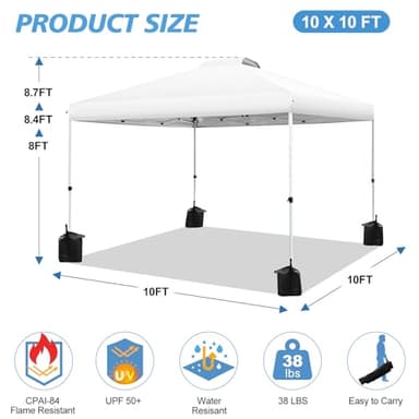 WEIZE Pop up Canopy Tent 10x10ft, 1-Button Push Setup, Instant Portable Shelter, Adjustable Height, Portable Roller Bag, 4 Weight Bags, Guy Ropes & Stakes Included, White - Image 2
