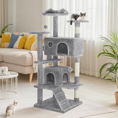 DUMOS 54-inch Indoor Cat Tree Tower –Multi-Level Pet House for Large Cats with 2 Condos, Scratching Posts, Round Platform, Small Ladder, and Toys, Light Grey - Image 8