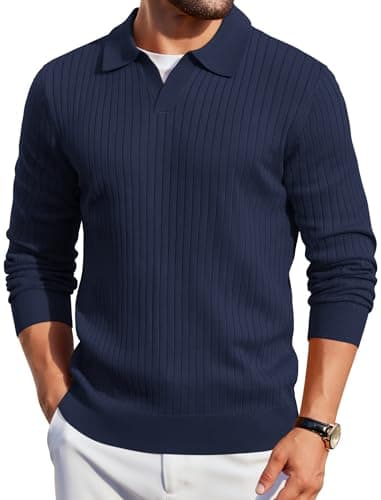 COOFANDY Men Knit Polos Long Sleeve Polo Sweaters Casual Dress Light Pullover Sweaters Golf Sweater Polo Navy Blue - Image 1