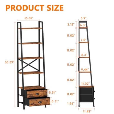 Furologee 5-Tier Ladder Shelf with 2 Drawers,Narrow Bookshelf Storage Shelves,Industrial Bookcase Freestanding Rack Units for Bedroom,Living Room,Bathroom,Home Office,Balcony,Wood Metal,Rustic Brown - Image 3