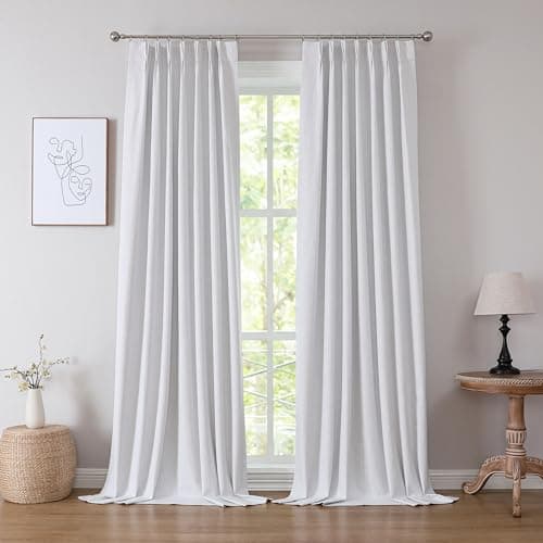 Kayne Studio White Full Blackout Linen Textured Pinch Pleated Curtains 102 inch Extra Long for Living Room,Thermal Insulating Pinch Pleated Drapes for Traverse Rod,40" x 102",9 Hooks,1 Panel - Image 1