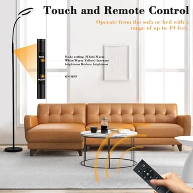 homakee LED Floor Lamp, 12W/1000LM Reading Light, 3 Color Temperatures Bright Floor Lamp, Adjustable Gooseneck Standing Lamp with Remote & Touch Control for Living Room, Bedroom, Office(Black) - Image 3