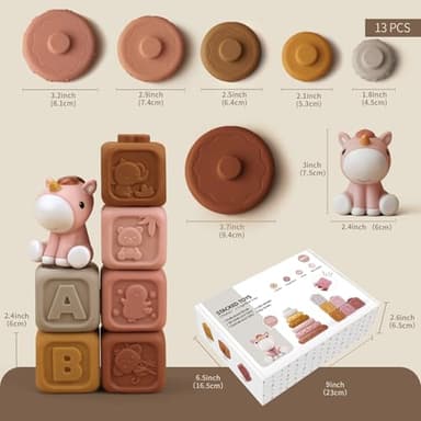 Nueplay 13 Pcs Building Circle & Blocks, Stacking & Nesting Baby Toys with Horse Figure, Newborn Essentials Squeeze Teething Toy Gifts for 6 12 18 Months Baby Toddler Girls - Image 7