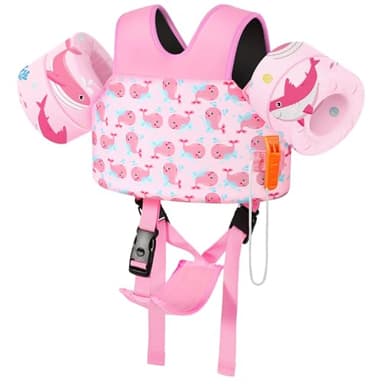 MoKo Swim Arm Floaties 15-30 lbs, Toddler Swim Vest for Kids Cartoon Swimming Water Wings with Crotch Strap, Pool Float Vests Sleeves Shoulder Straps Arm Band for Children, Baby Pink Whale - Image 1