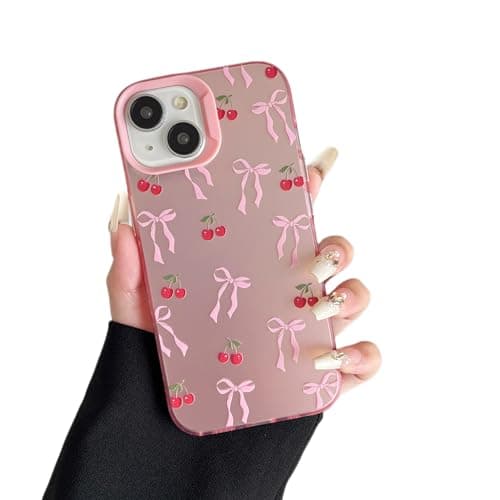 ZTOFERA for iPhone 14 Plus/15 Plus Case,Cute Pink Ribbon Bow Tie Planet Star Floral Aesthetic Phone Case,Trendy Slim Hard IMD Shockproof Protective Bumper Phone Cover for Women Girls,Cherry - Image 1