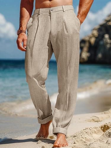 Runcati Mens Casual Pants Elastic Waist Lightweight Loose Fit Pleated Slacks Summer Beach Yoga Trousers Dark Khaki - Image 2