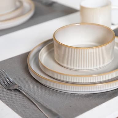 Romswi Dinnerware Set for 4, 16Pcs Stoneware Plates and Bowls Sets with Mugs, Chip & Scratch Resistant Dish Set, Handmade Reactive Glaze Plate Set, Oven,Microwave and Dishwasher Safe, Cappuccino White - Image 8