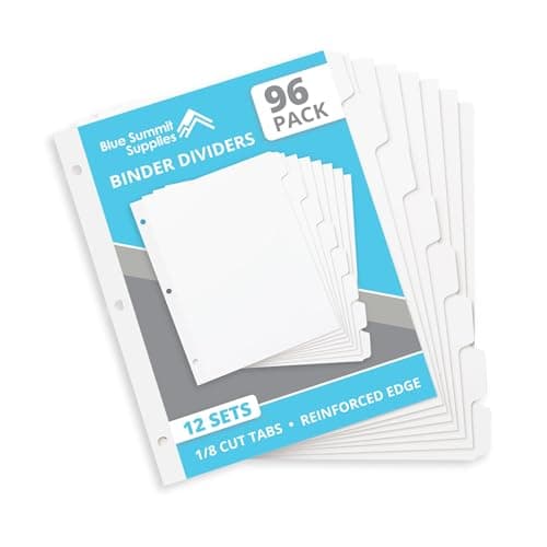 Blue Summit 3 Ring Binder Dividers with Tabs, Reinforced Edge, 1/8 Cut, Letter Size, 8 Tab Dividers for 3 Ring Binder Bulk, White, 12 Sets, 96 Pack - Image 1