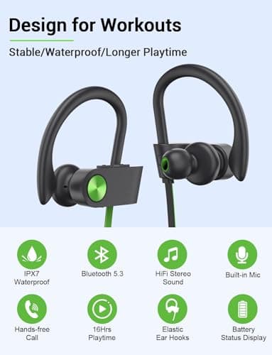 Stiive Bluetooth Headphones, 5.3 Wireless Sports Earbuds IPX7 Waterproof with Mic, Stereo Sweatproof in-Ear Earphones, Noise Cancelling Headsets for Gym Running Workout, 16 Hours Playtime - GreenBlack - Image 2
