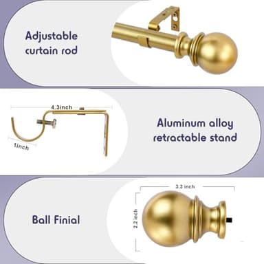 YAJUXIU 1 Inch Gold Curtain Rods for Windows 48 to 86 Inch - Adjustable Drapery Rods with Exquisite Finial for Living Room, Bedroom, Kitchen, Outdoor Patio (Gold,32-86") - Image 5