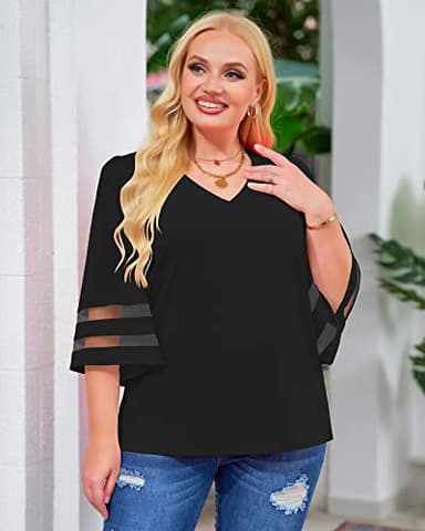 LookbookStore Women's Plus Size Summer Tops, Dressy Casual V-Neck Blouses, 3/4 Sleeve Black Shirt XXL 20-22 - Image 6