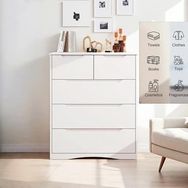 Gizoon 5 Drawers Chest, White Dresser for Bedroom with Large Storage Capacity, Chest of Drawers with Embedded Handle, Anti-Tripping Device for Hallway, Office, Living Room - Image 9