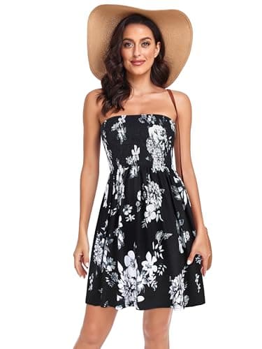 rosemia Summer Dress for Women Off Shoulder Casual Outfits Sleeveless Boho Beach Cover Ups(White Grey Flower Pattern,M) - Image 3