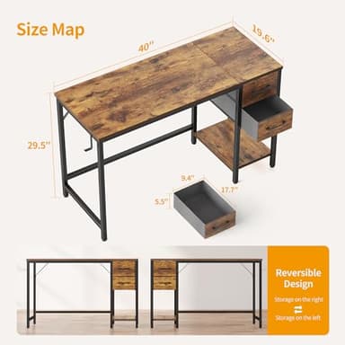 CubiCubi Computer Desk with 2 Drawers, 40 Inch Small Home Office Desk Study Writing Table, Rustic Brown - Image 3