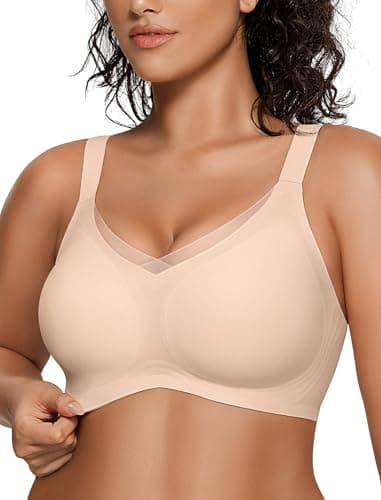 OEAK Womens Wireless Bras V Mesh Comfortable Bralette Supportive Tshirt Bra No Underwire Seamless Push Up Everyday Bras Nude L - Image 1