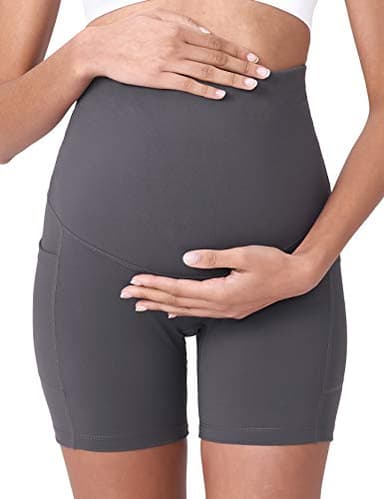 POSHDIVAH 2 Pcs Black Grey Women's Maternity Yoga Shorts Over The Belly Bump Summer Workout Running Active Short Pants with Pockets 5" Small - Image 4