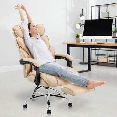 COLAMY Office Chair with Retractable Footrest, Ergonomic High Back Design Executive Computer Desk Chair with Removable Lumbar Pillow, 90-135°Reclining, Thick Bonded Leather for Home Office Work, Khaki - Image 5
