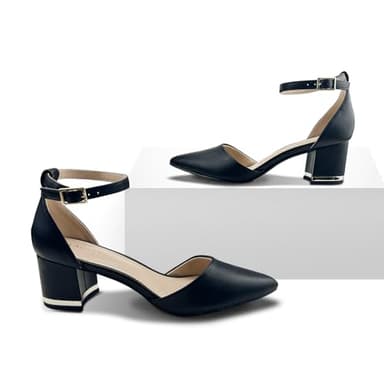 Women's Pointed Toe Low Chunky Heels Pump Shoes, Comfortable Heels for Women, Chunky Ankle Strap Dress Pumps Shoes for Wedding Office Party (Black PU, Adult, Women, 8, Numeric, US Footwear Size System, Medium) - Image 4