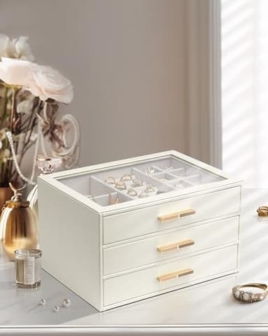 Vlando Jewelry Box for Women, Glass Lid Jewelry Organizer with 3 Drawers for Necklaces Rings Earrings Bracelets Mother Day Gift for Mom - Cloud White - Image 8