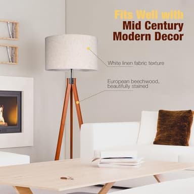 Isloys Wood Tripod Floor Lamp, 3 Color Temperatures Mid Century Modern Boho Floor Lamp, Tall Standing Lamps for Living Room Bedroom Office, Flaxen Lamp Shade with E26 Lamp Base - Image 5
