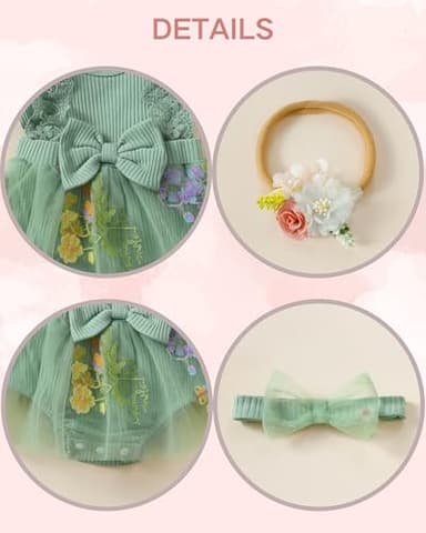 Renotemy Preemie Baby Girl Sage Green Romper Flower Tulle Dress Boho Summer Sleeveless Premature Baby Clothes Girl Baptism Wedding Party Christening Dresses Baby Shower Gifts Photography Outfit - Image 4