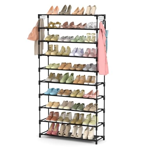LANTEFUL 10 Tiers Shoe Rack 50 Pairs Large Capacity Tall Shoe Organizer Sturdy Shoe Storage with Two Hooks Space Saving Metal Wide Shoe Rack for Closet, Entryway, Bedroom, Black - Image 1