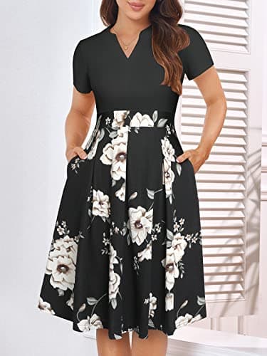 YATHON Womens Elegant Patchwork Floral Print Notched V Neck Slant Pocket Dress Vintage Pleated Hem Casual A-Line Dresses 2024(YT228-Black Khaki P2,S) - Image 4