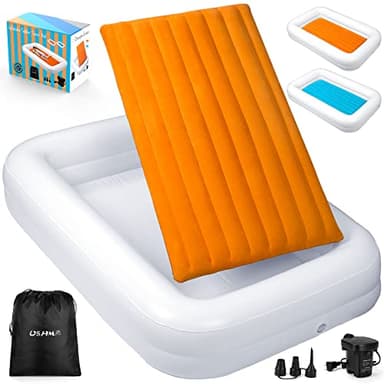 USHMA Toddler Travel Bed [4-Side] | Reversible 2 Colors Kids Air Mattress | Inflatable Toddler Bed | Portable Kids Blow Up Travel Bed with Sides, Orange & Aquamarine - Image 6