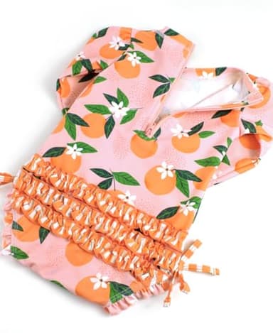 RuffleButts Baby Girls UPF 50+ Sun Protection Novelty Print Long Sleeve One Piece Rash Guard Swimsuit with Zipper - Orange You The Sweetest, 2T - Image 6