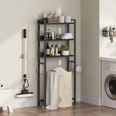 MAHANCRIS Over The Toilet Storage Rack, 3 Tier Bathroom Organizer Over Toilet, Freestanding Space Saver Toilet Stand with 2 Hooks, Bathroom Storage Shelf, Easy to Assemble, Black TSBK6001 - Image 4