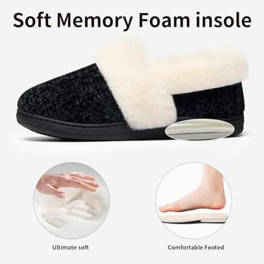 Evshine Women's Fuzzy Memory Foam Slippers, Closed Back Knit Bedroom Slippers, Slip-On Warm House Shoes for Indoor & Outdoor Comfort, Black/White, 44-45 (Size 11.5-12) - Image 3