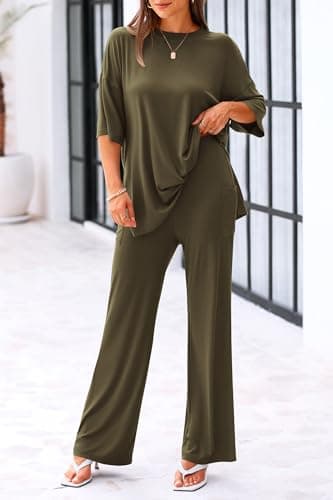 KIRUNDO Lounge Sets for Women 2025 Casual Summer Oversized Short Sleeve Shirts Tops and Wide Leg Pants Sets Clothing Maternity Lounge Set(Army Green, Large) - Image 4