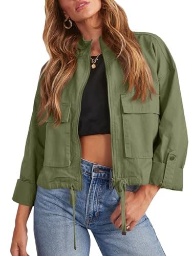 Tankaneo Women Casual Cropped Jackets Zip Up Lightweight Military Safari Short Utility Coat with Pockets - Image 1