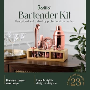 Barillio Rose Gold Bartender Kit - Stainless-Steel Cocktail Shaker Set w/Bamboo Stand - Mixology Bar Tools w/Drink Shaker, Mixer and Muddler for Cocktails - Home Bar Accessories - 23-Pc Bar Set - Image 2
