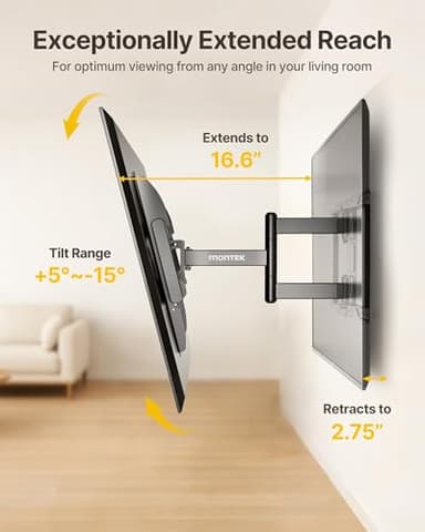 monTEK Full Motion TV Wall Mount for 37-84 Inch TVs, TV Mount Bracket with Articulating Arms, Tool-Free Tilt & Swivel, Extension, Max VESA 600x400mm, Fits 12“/16" Wood Studs, Up to 110lbs, 4X Tested - Image 6