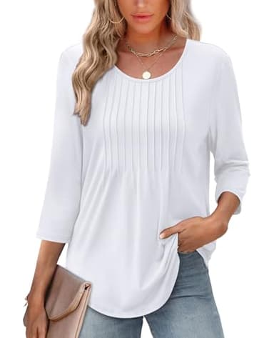 XIEERDUO 3/4 Sleeve Plus Size Tops for Women 2025 Crewneck Long Sleeve Shirts for Women Pleated Business Casual Blouses Fall Fashion Clothing Outfits Beach Vacation Clothing A-White XXL - Image 1