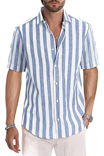 JMIERR Men's Summer Casual Stylish Short Sleeve Button-Up Shirts Cotton Linen Vertical Striped Business Dress Shirts Beach Cruise Shirt Resort Wear, L, Sky Blue - Image 1