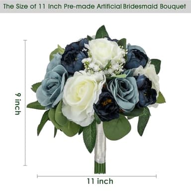 DIYDOFUN Set of 6 Navy & Dusty Blue Silk Bridesmaid Bouquets, 11 Inch Round Artificial Flower Arrangements for Wedding Decorations - Image 3