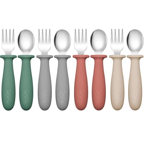 DRKIO 8 Pieces Toddler Utensils Set - Kids Silverware Set with Silicone Handle Children Safe 18/8 Stainless Steel Forks and Spoons Anti-Choke Design Food Grade Dishwasher Safe - Image 1
