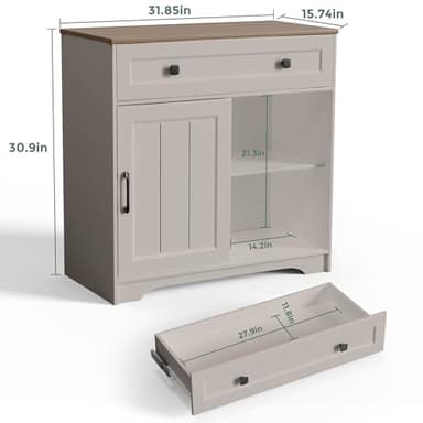 Algglobuy Buffet Cabinet, Coffee Bar Cabinet with a Drawer, Modern Kitchen Storage Cabinet with Adjustable Shelf, Sideboard Storage with Sliding Door, Gray - Image 3