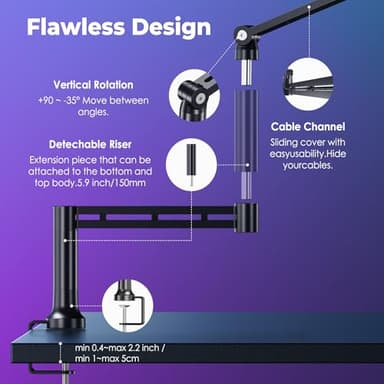 CreaDream Mic Boom Arm, Low Profile Microphone Arm Stand Desk Mount with Screw Adapter, Phone Holder, Detachable Rise Column, Cable Management, for Live Streaming, Gaming, Podcasting, Radio - Image 5