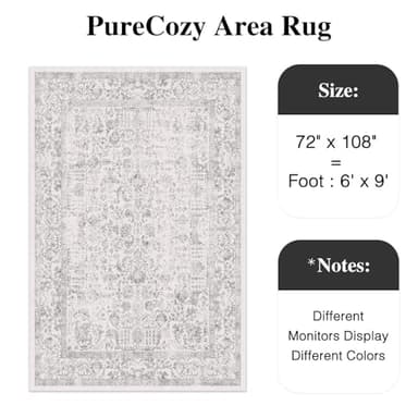PureCozy Gray Area Rug 6x9 Machine Washable Vintage Living Room Distressed Non Slip Carpet Traditional Indoor Bedroom Grey Retro Floral Accent Throw Large Rug for Office Kitchen Dining Room - Image 2